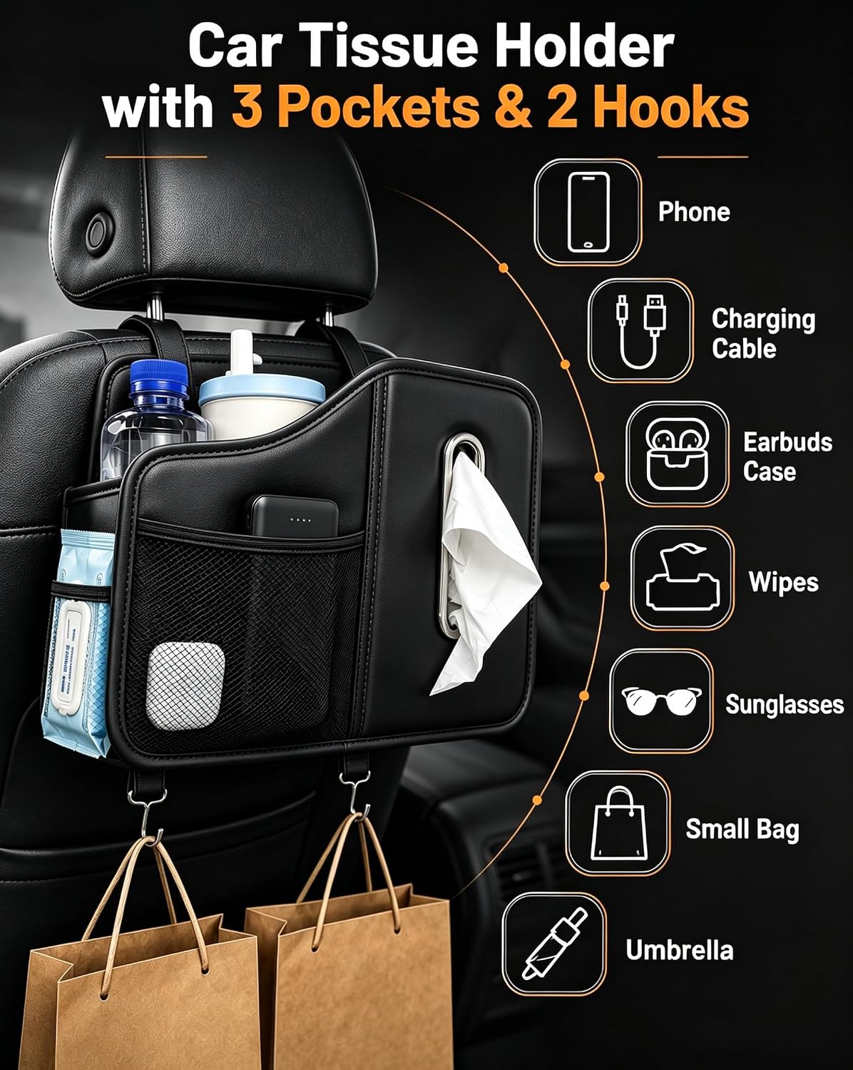 Car Tissue Holder, Leather Back Seat Organizer with Cup Holder & 2 Hooks