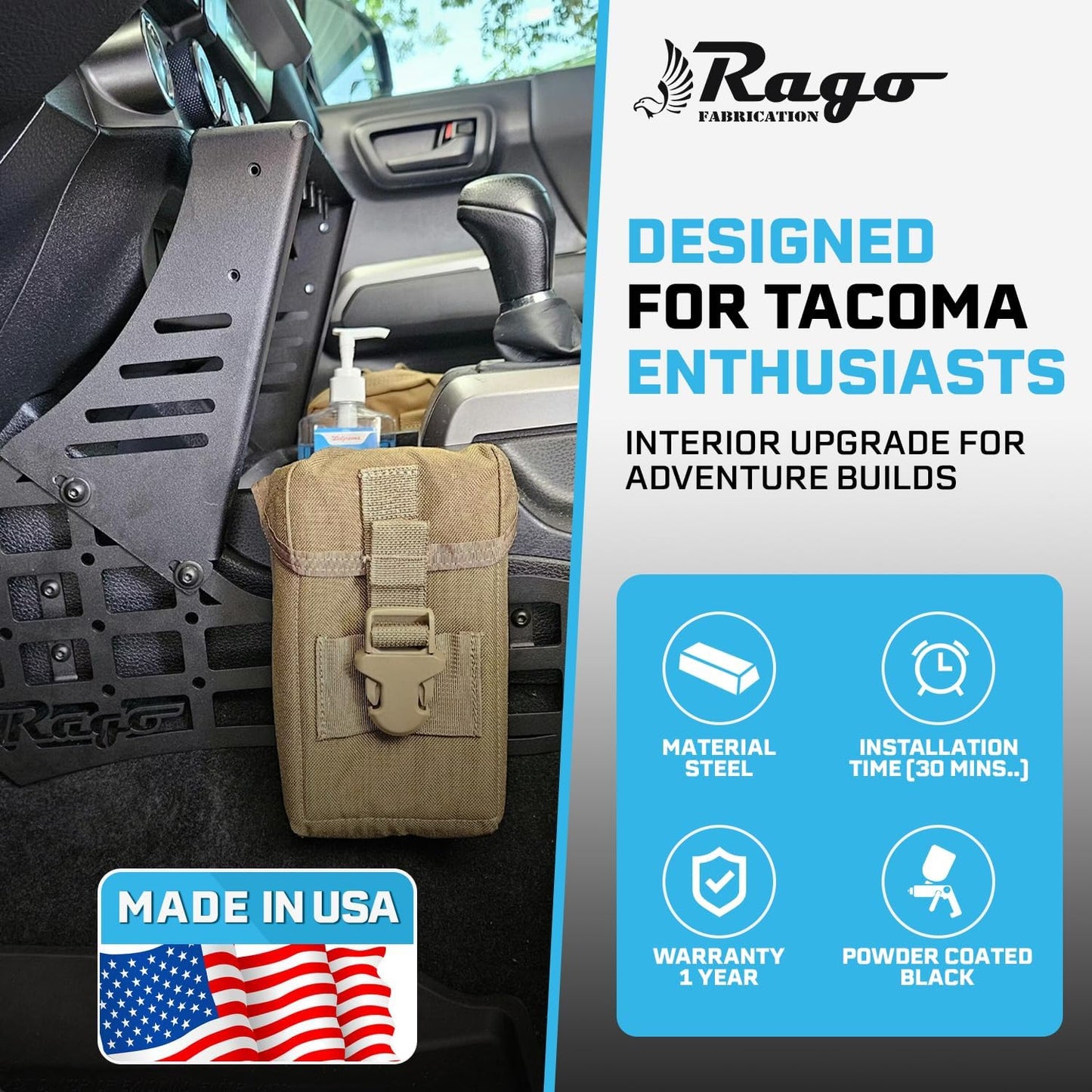 Rago Center Console Molle Storage Panel for 3rd Gen Tacoma 2016-2023 | Interior Organizer, Modular Gear Mount System for Tablets & GPS