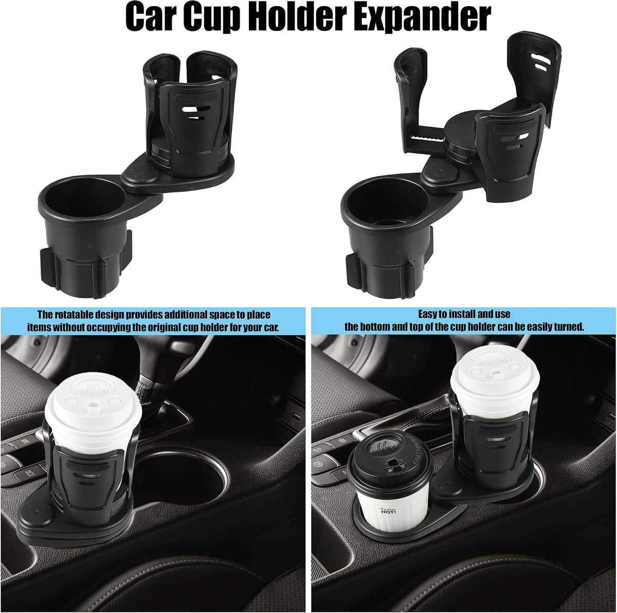X AUTOHAUX Car Cup Holder Expander 2-in-1 Multifunction Car Drink Extender Adapter with Adjustable Base for Water Coffee Cups Beverage Cans Black