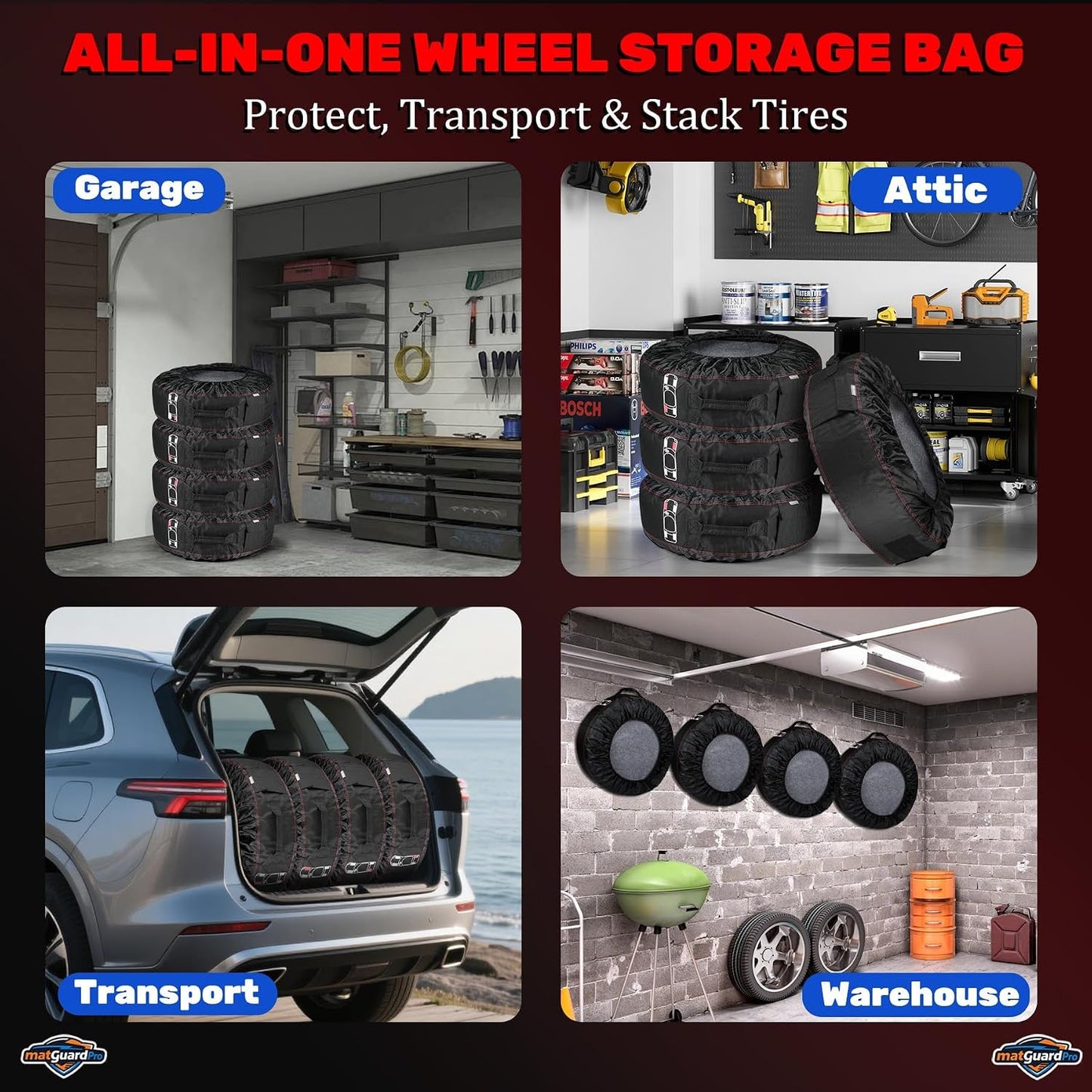 Tire Storage Bags for Cars, Portable Tire Tote for Seasonal Tire Change, Handle for Easy Transportation, Universal Spare Tire Covers Fit 21–32 Inch Diameter Tires, Set of 4, Black