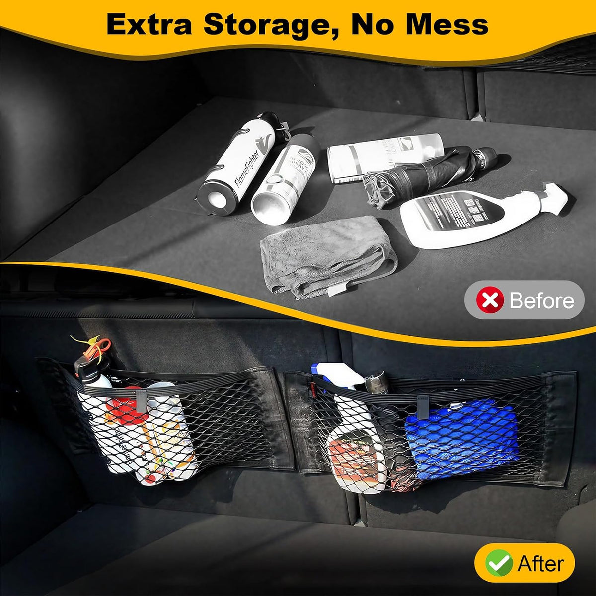 PIFOOG 4Pcs Car Storage Net Pockets, Stretchable Mesh Cargo Net Organizer with Adhesive Hook and Loop Strips, Universal Trunk Back Seat RV Camper SUV Truck Storage Pouch, 11.8" x 9.8" & 15.7" x 9.8"