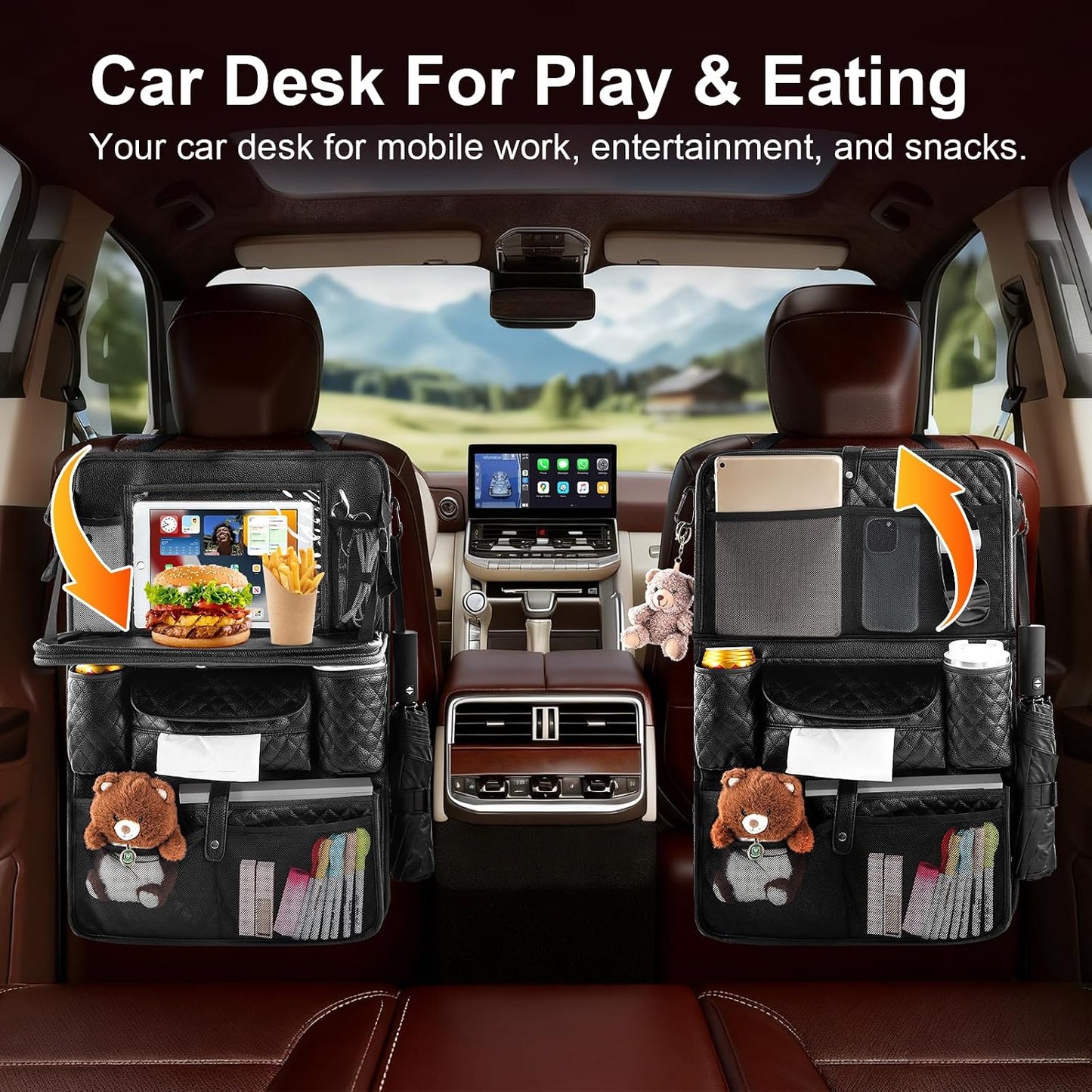 Car Seat Organizer with Foldable Table Tray - 11 Storage Pockets PU Leather Backseat Organizer with Tablet Holder, Seat Back Protector Kick Mat for Kids Family Road Trip Accessories (Black)