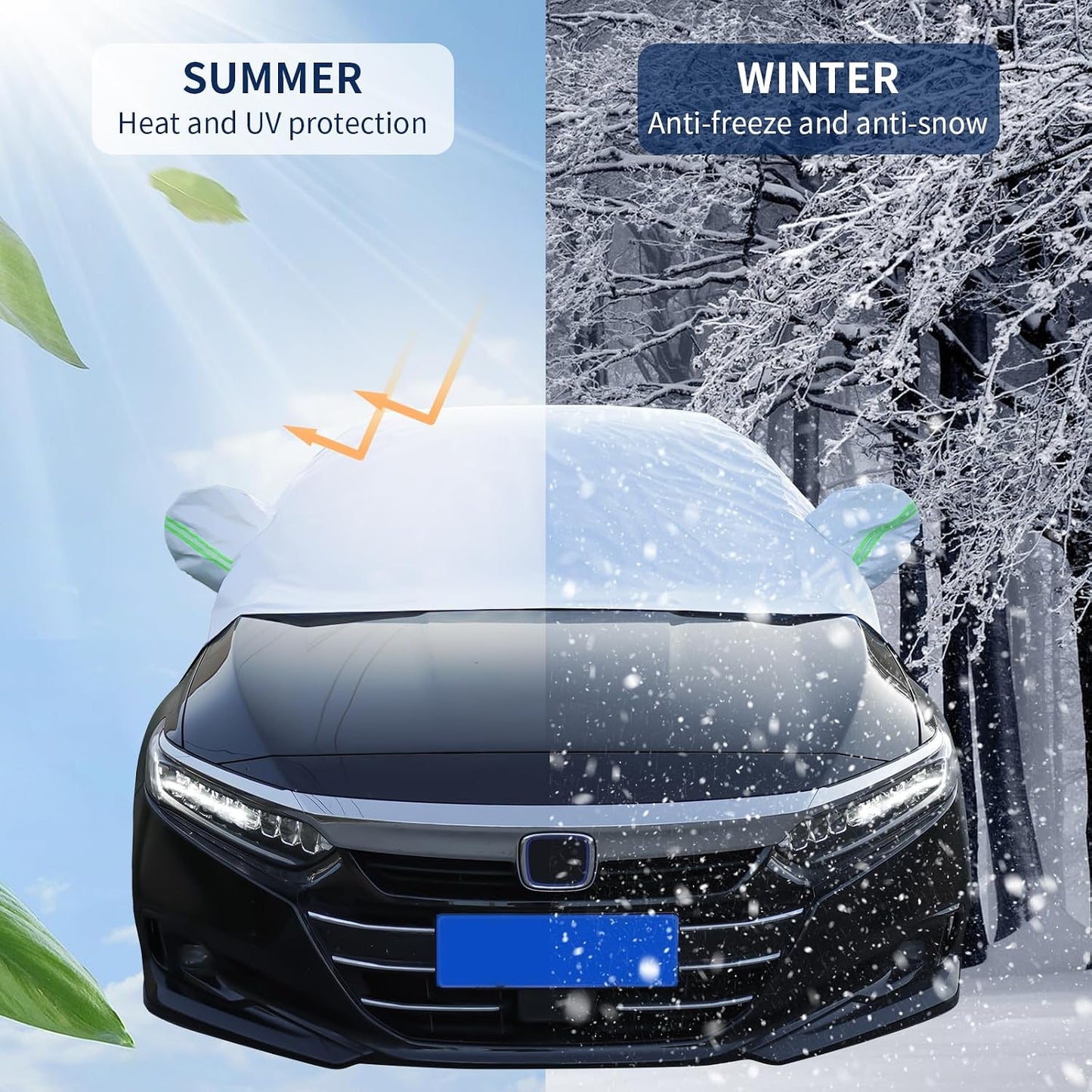 Hrozny Car Snow Cover, Half Car Cover Sedan Waterproof All Weather, Winter Car Windshield Cover for Ice and Snow, Frost Guard Windshield Cover Universal Fit for Most Cars (Sedan)