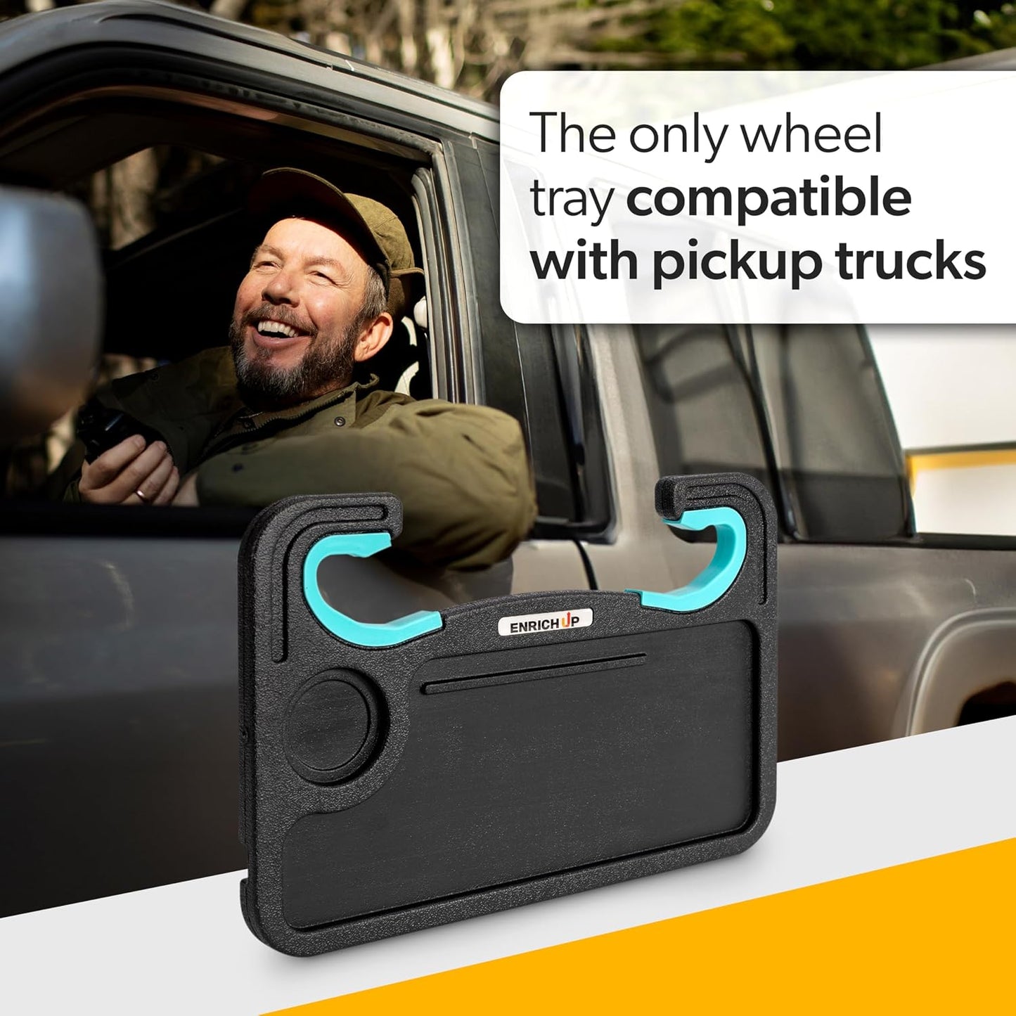 ENRICH UP 2-in-1 Steering Wheel Tray Table & Car Desk - Mint Ring | 2-in-1 steering wheel tray for parked laptop work, meals, cup holder use, wheel covers, pickups, SUVs, and travel breaks