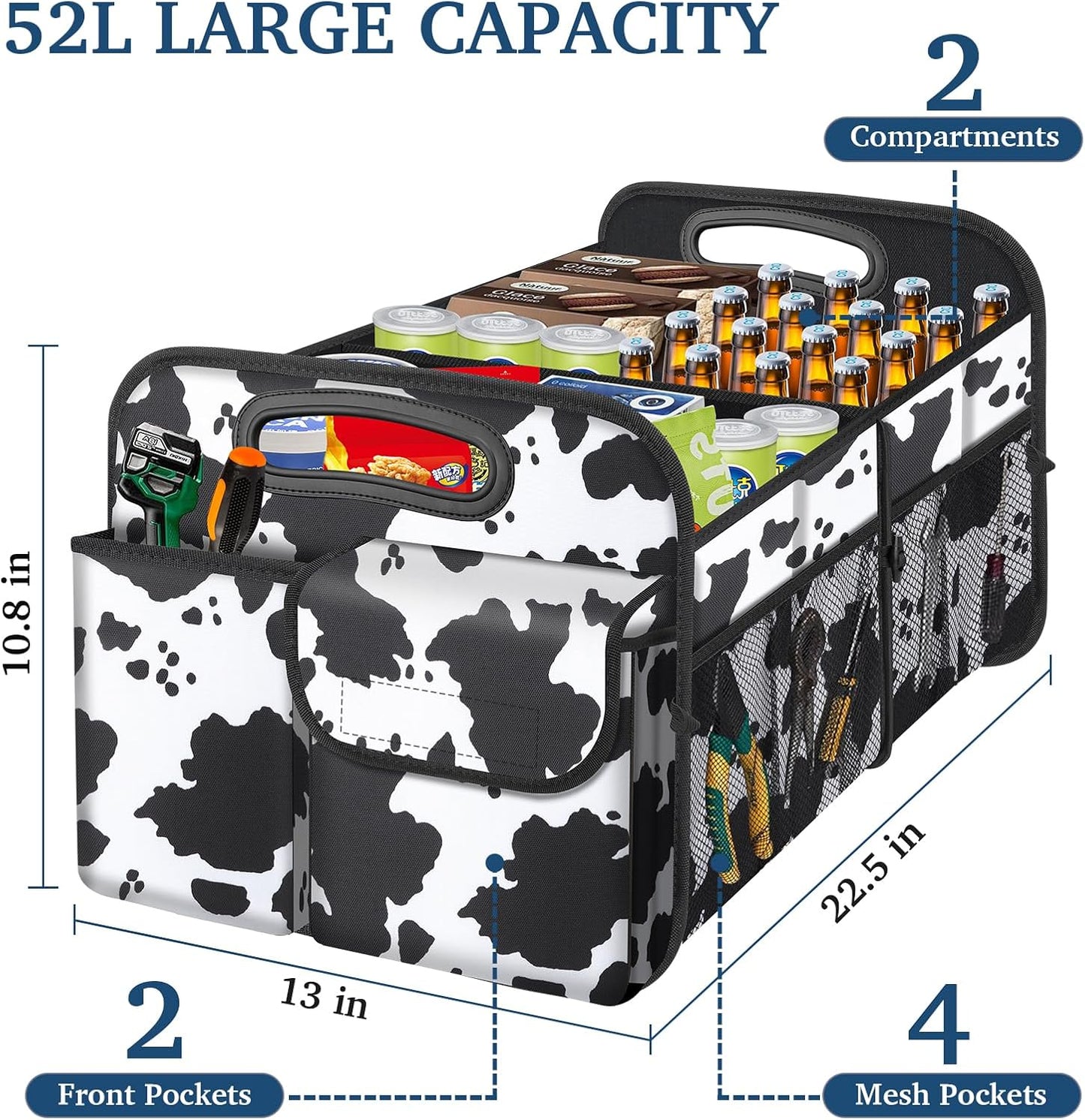 Femuar Car Trunk Organizer, Cow Print, Vintage Style, 52L Capacity, 4 Compartments, Waterproof, Non-Slip, Collapsible, 22.5"D x 18"W x 10.8"H