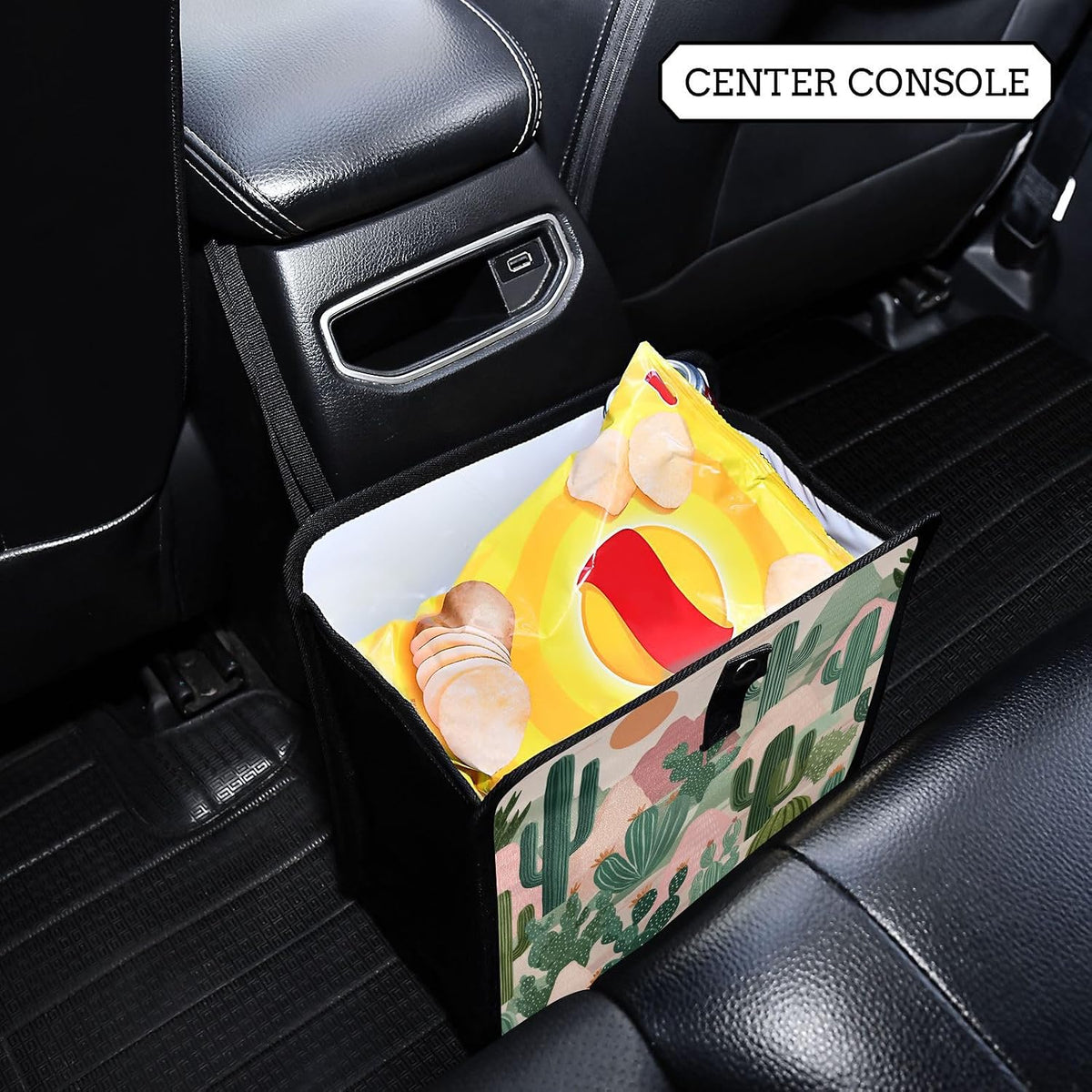 Car Trash Can Organizer Bin with Adjustable Strap for Back Front Seat Console Waterproof Leakproof Collapsible Portable 8.66 Inch Boho Cacti Mountains and Sun