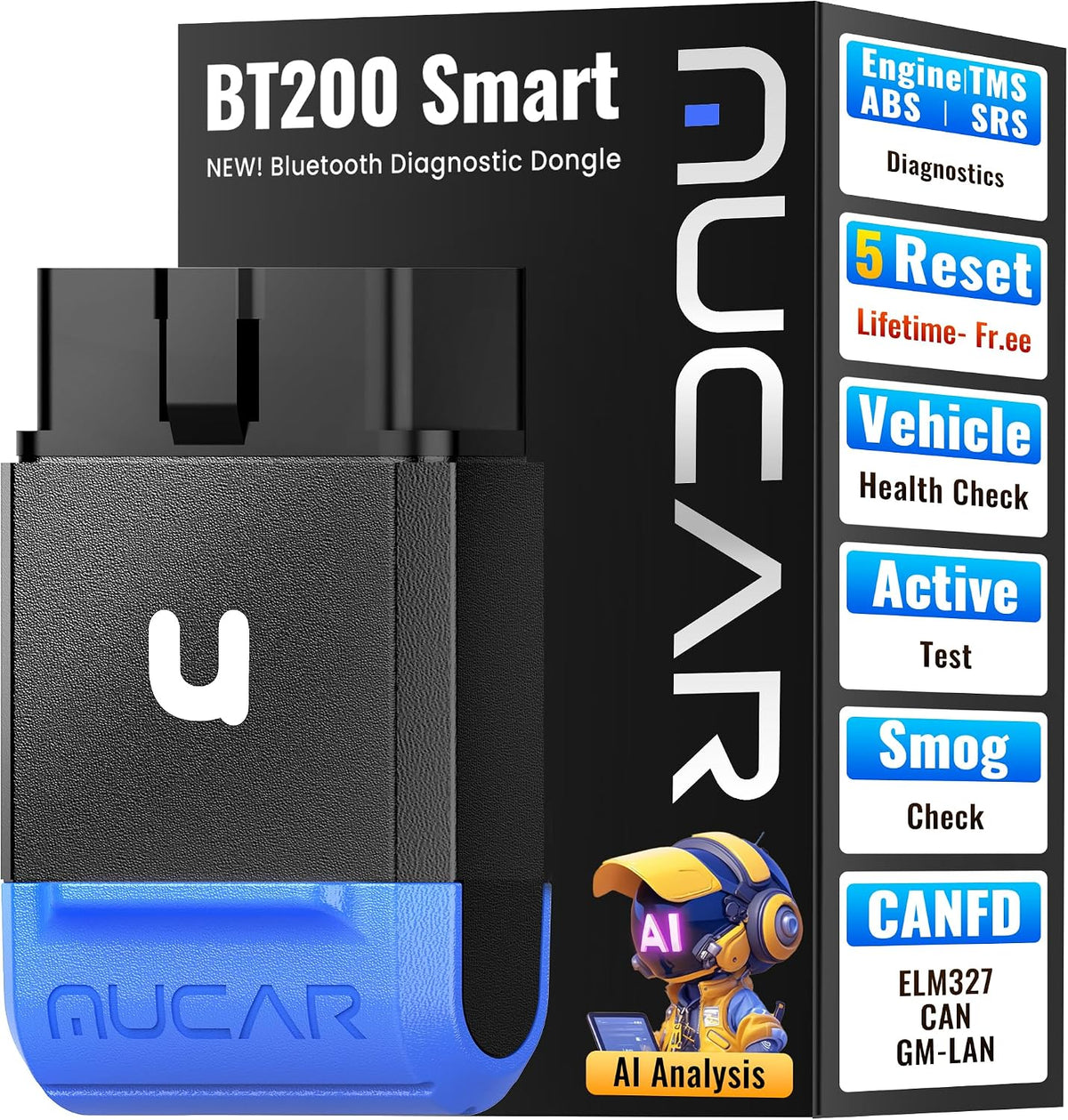 MUCAR BT200 Smart AI-Assisted OBD2 Scanner Bluetooth, OIL TPMS BRAKE BMS SAS Reset with Engine/TMS/ABS/SRS System for iOS & Android, Vehicle Health Check, Smog Check, Active Test, Lifetime Free Update