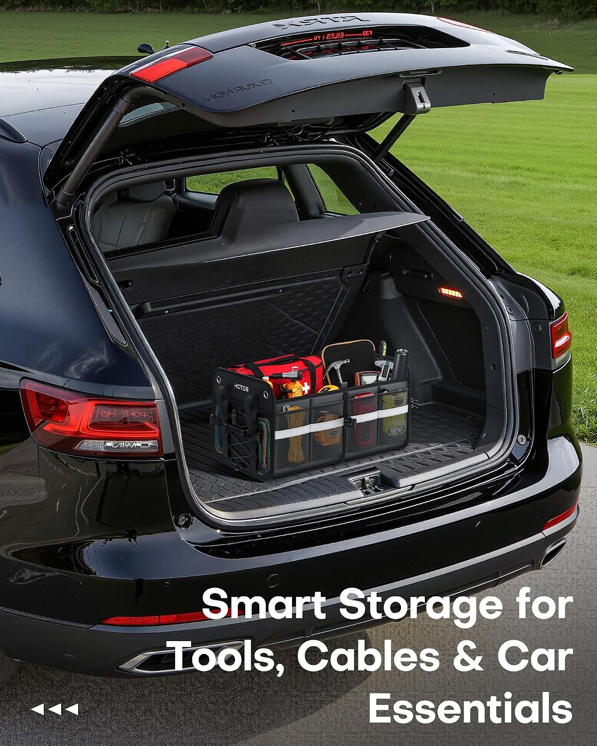 HOTOR Trunk Organizer for SUV – Car Storage Box with Reflective Strips, Collapsible Car Organizer with Large Capacity, Essential Car Accessories for Truck, Van & Sedan, Black, 22.1" x 13.0" x 12.0"