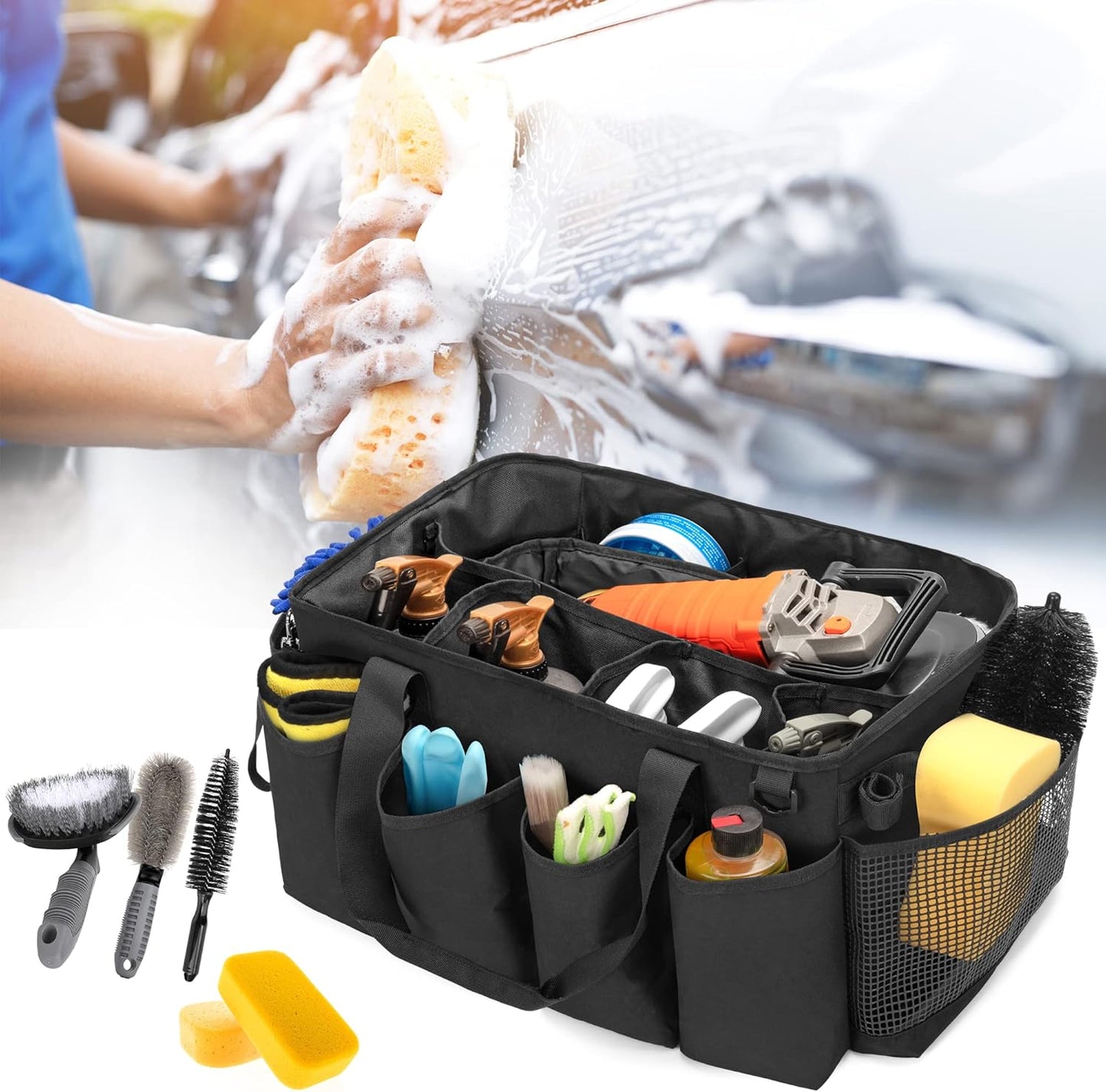 HODRANT Detailing Bag with Polisher Carry Bag, Large Detail Car Care Box for Auto Detailing Supplies, Car Wash Caddy & Trunk Organizer for Buffer Bottle Towel & Cleaning Kit, Black, Patent Design