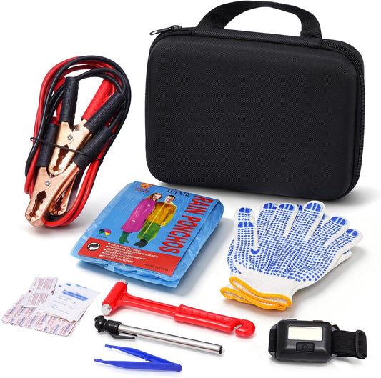 Car Emergency Kit with Jumper Cables, Gloves, Rainwear, Tire Gauge and Headlamp, Roadside Safety Kit for Vehicles with Reflective Vest and Safety Accessories