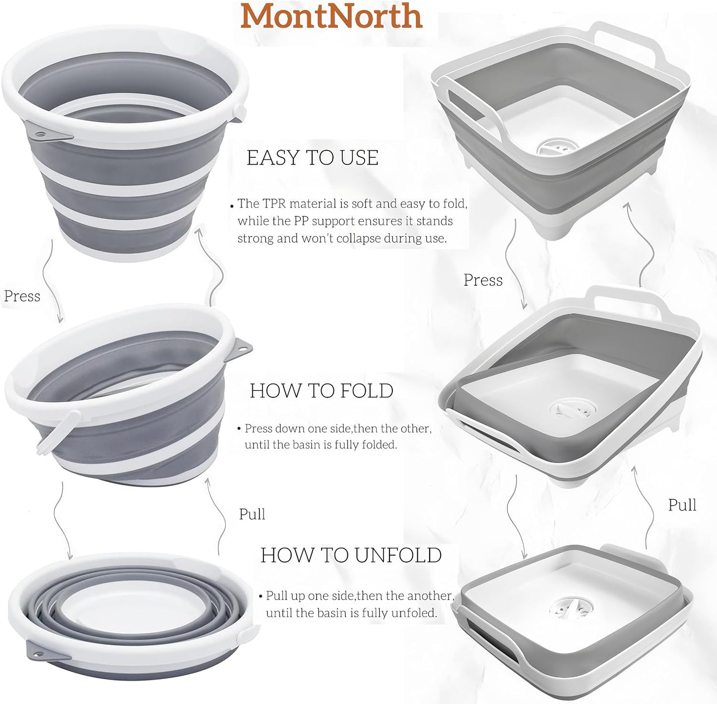 MontNorth Collapsible Basin Bucket,9L Collapsible Dishpan with Drain Plug for Kitchen Sink,5L Portable Foldable Small Plastic Water Supplies for Outdoor Garden Camping Fishing Car Wash(Sets of 2)