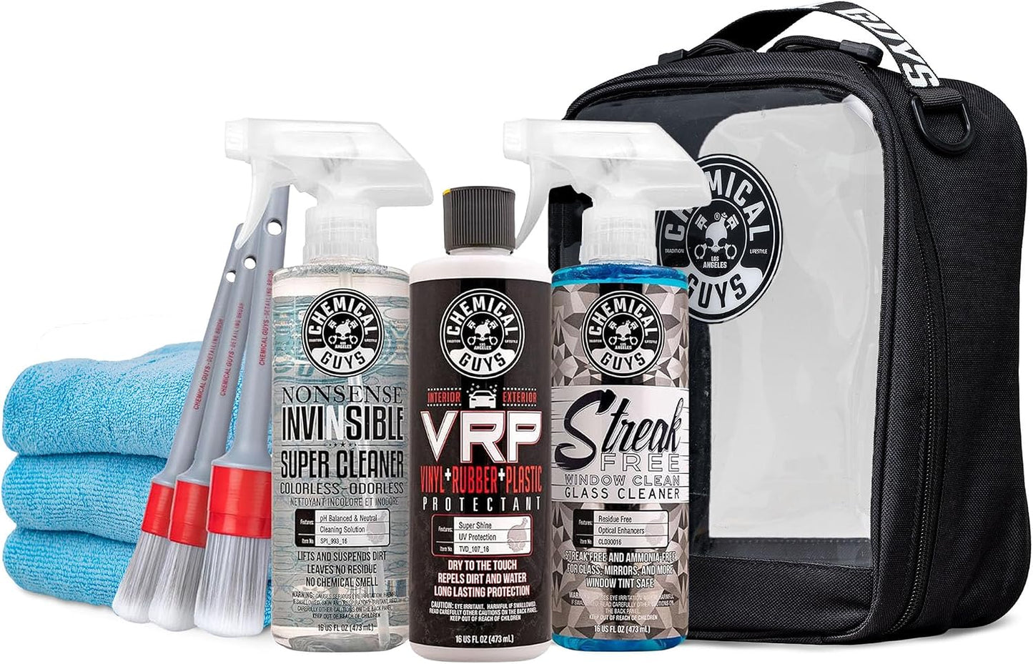 Chemical Guys All Surface Clean and Shine Kit with Storage Bag Interior Cleaner Glass Cleaner Dressing Microfiber Towels and Brushes Giftable Car Care Set