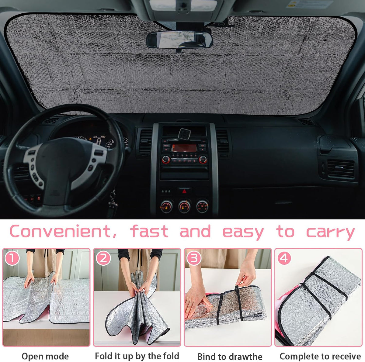 DaisyInner Pink Floral Car Windshield Sun Shade Cute Bow Cars Visor Front Windshield Sun Protector to Keep Cooler Vehicle Automotive Sunshade Interior Heat and UV Protection 55 x 27.6 Inch