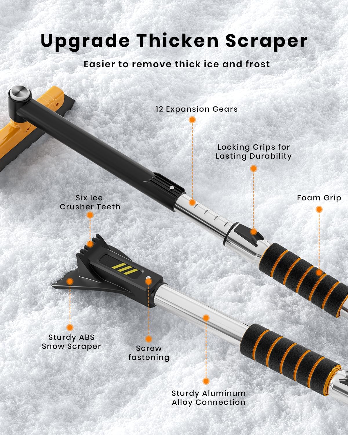 helloleiboo 43.7" Extendable Ice Scrapers for Car Windshield for 12 Adjustable Length Settings with Foam Grip and 360° Pivoting Brush Head Detachable Snow Brush for Truck SUV(Orange)