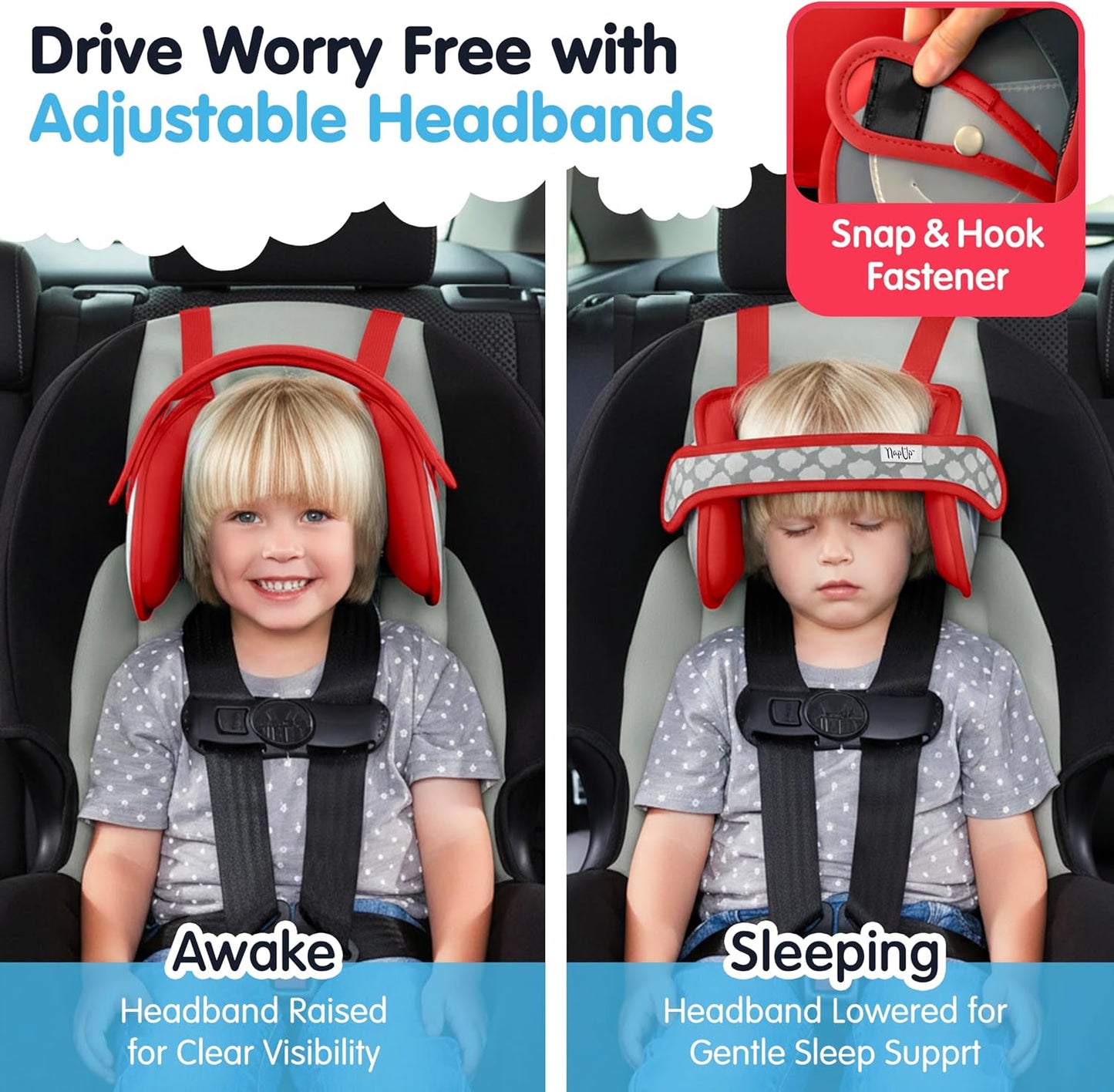 NapUp Adjustable Head Support for Car Seat – Patented & Crash-Tested Anti-Bobbing Head Holder Strap, Comfortable Sleep Solution - Breathable Fabric, Kids Travel Accessories - Ages 2+ - Red