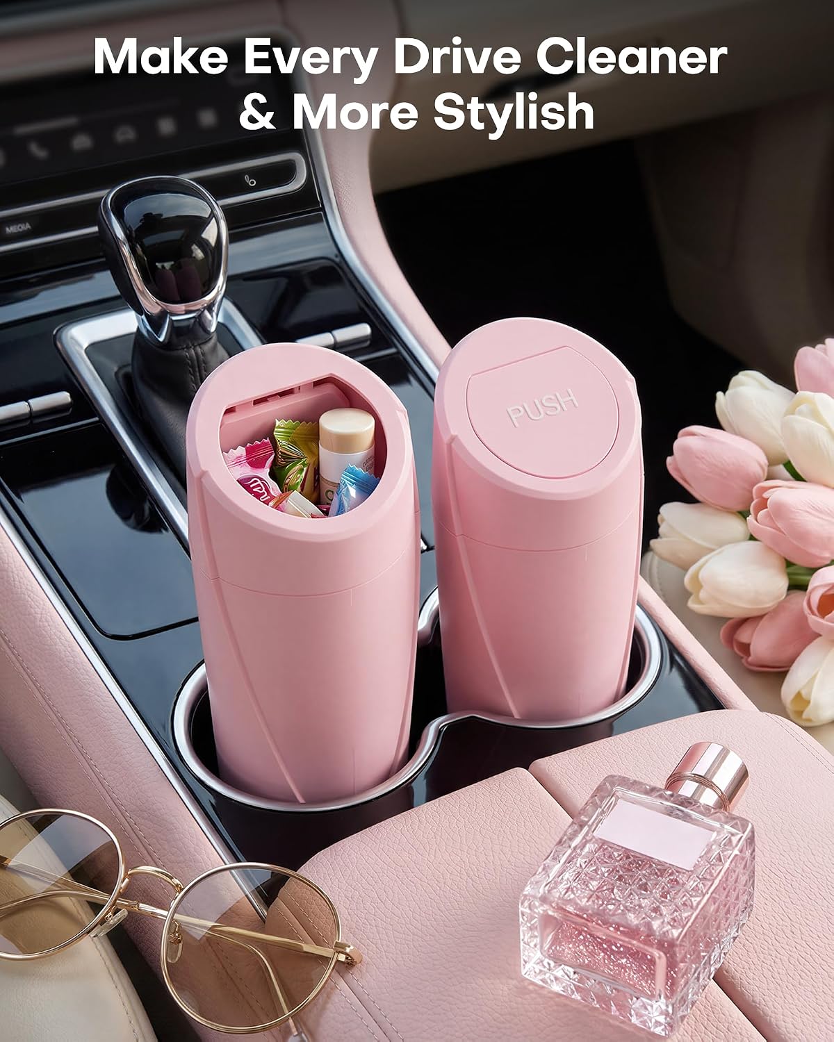 HOTOR Car Trash Can, Pink Car Garbage Can with Lid, Bonus Bags, L(2 Pack)