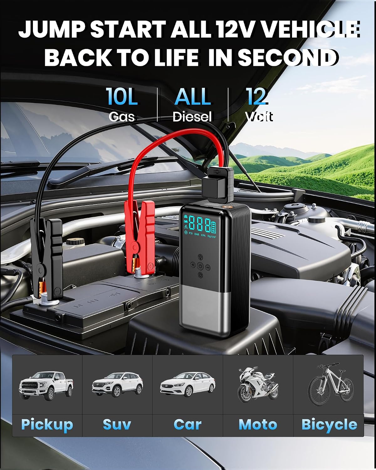 Jump Starter with Air Compressor 8000A 160PSI Battery Jumper Starter(10L Gas/All Diesel) Jump Box Car Battery with Auto-Shutoff Tire Inflator, Jumper Cables and Flashlight