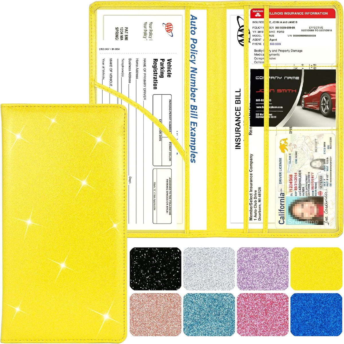 Leather Car Registration and Insurance Holder Magnetic Shut, Glitter Yellow