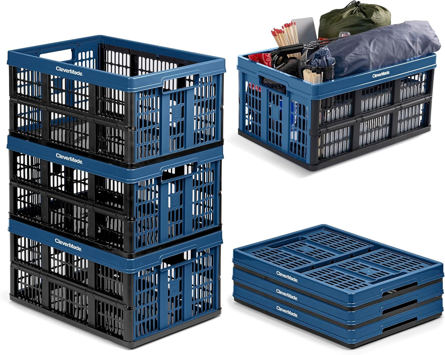 CleverMade Collapsible Utility Crates, Ocean, 3 Pack, 45L/11 Gal, 66 lbs Capacity, Stackable Containers, Heavy Duty, Space-Saving Baskets,Polypropylene (PP)