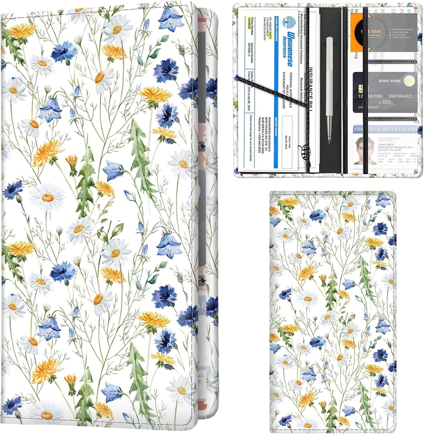 Car Registration and Insurance Holder with Magnetic Shut, Cute Vehicle Glove Box Car Organizer, Premium Interior Car Accessories for Women Men Luxury Boho Daisy