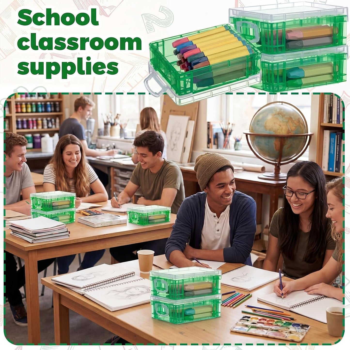 Suzile 50 Pcs Plastic Crayon Box with Lid 4.8 x 3.4 x 1.6 In Crayon Storage Containers Bulk for Office School Classroom Supplies Pen Pencil Art Crafts (Green)