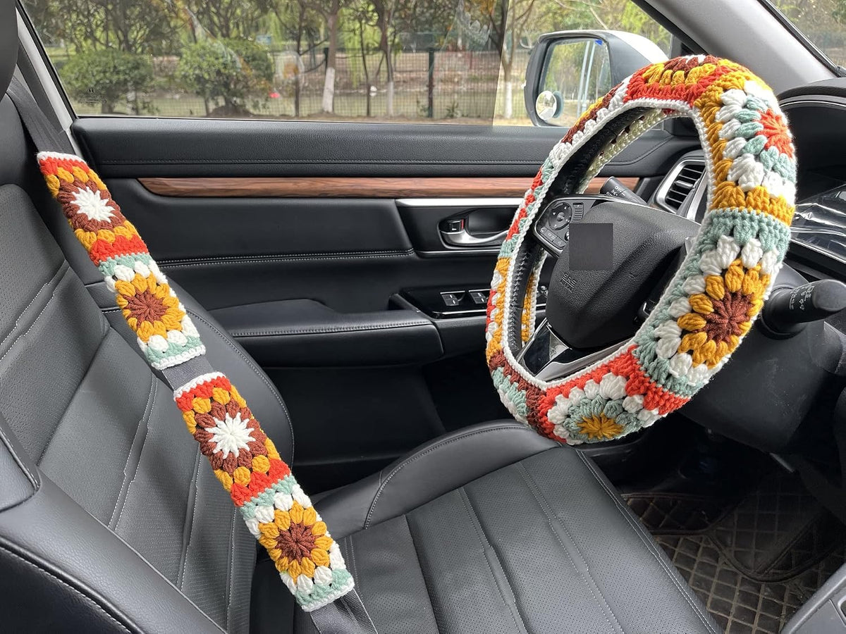 Steering Wheel Cover,Handmade Crochet Rainbow Sunflower Granny Square Steering Wheel Covers (Steering Wheel Cover+1strawberry)