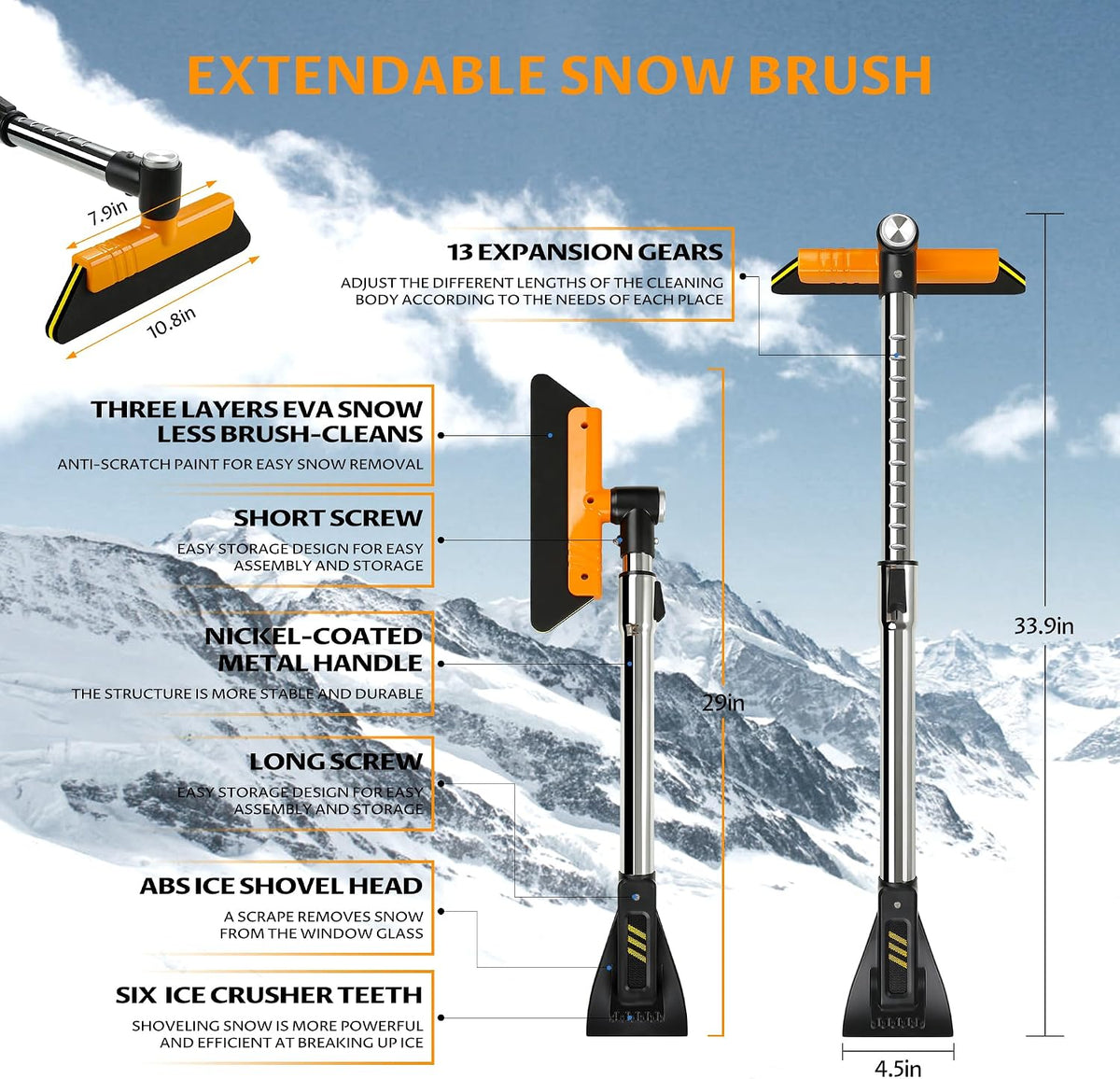 helloleiboo 39.4" Ice Scrapers for Car Windshield Extendable Snow Brush for Car 12 Adjustable Length Settings with 360° Pivoting Brush Head Snow Removal Tools Snow Brush and Ice Scraper for Truck SUV