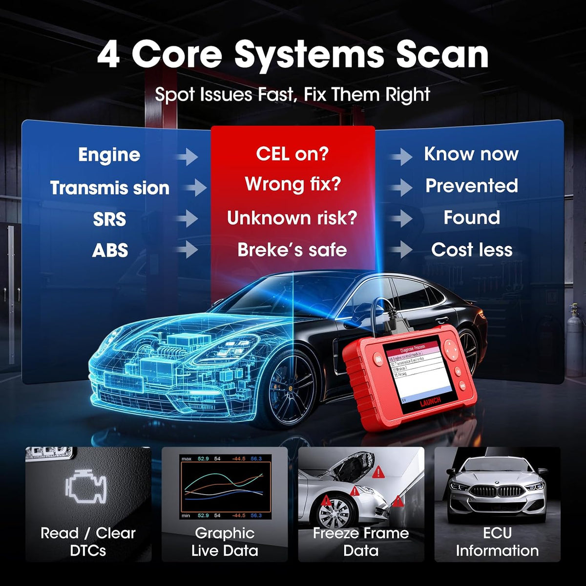 Launch OBD2 Scanner Creader VII+ V3.0 2026, 4 Systems, 3 Resets Code Reader