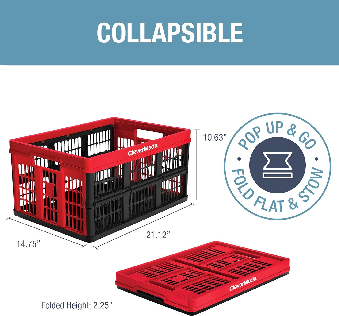 CleverMade Collapsible Milk Crate and Storage Bin - 25L Plastic Stackable Storage Bin with 45L Plastic Stackable Grated Wall Utility Container, 1 of Each – Red