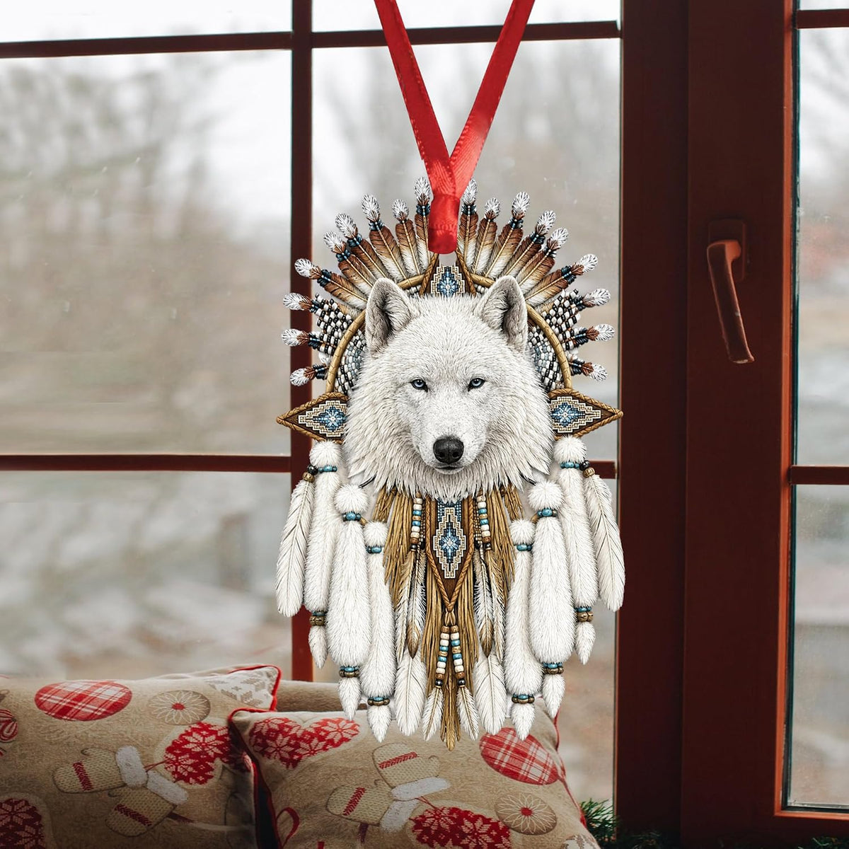 Talataca Native American Indigenous Us Indian Dreamcatcher White Wolf 2D Flat Car Rear View Mirror Accessories Christmas Tree Ornament Decoration Hanging Charm Interior Rearview Pendant Decor Gift