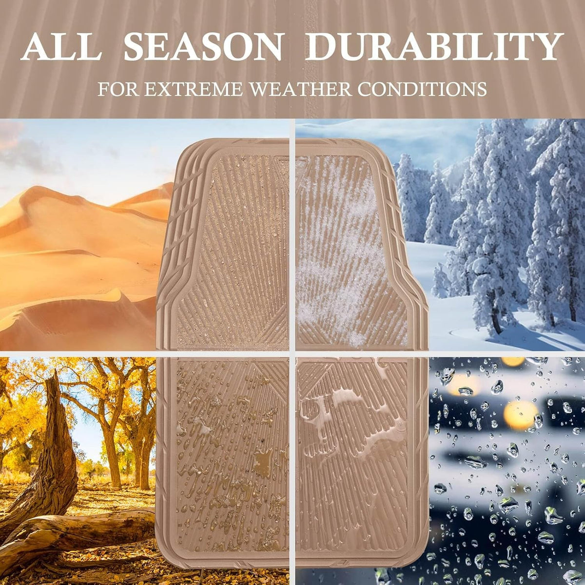 CAR PASS Beige Rubber Floor Mats&Cargo Liner,Waterproof Truck Mats Heavy Duty,All Weather Trim-to-Fit Automotive Mat for Car Truck SUV,Anti-Slip Easy Clean Durable,Full Set 5-Piece,3D Emboss All Beige