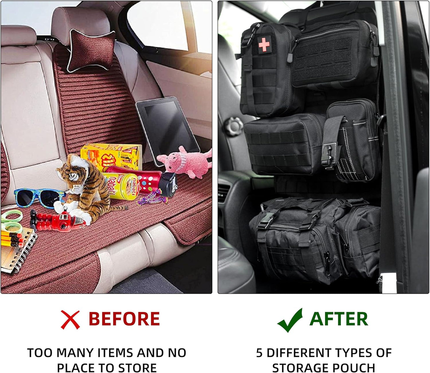 6 Pack Tactical Car Seat Back Organizer,Backseat Organizer with 5 Detachable Molle Pouches,Molle Panel Organizer Fits for Vehicel Such as Jeep,Truck,SUV, Car(Black)