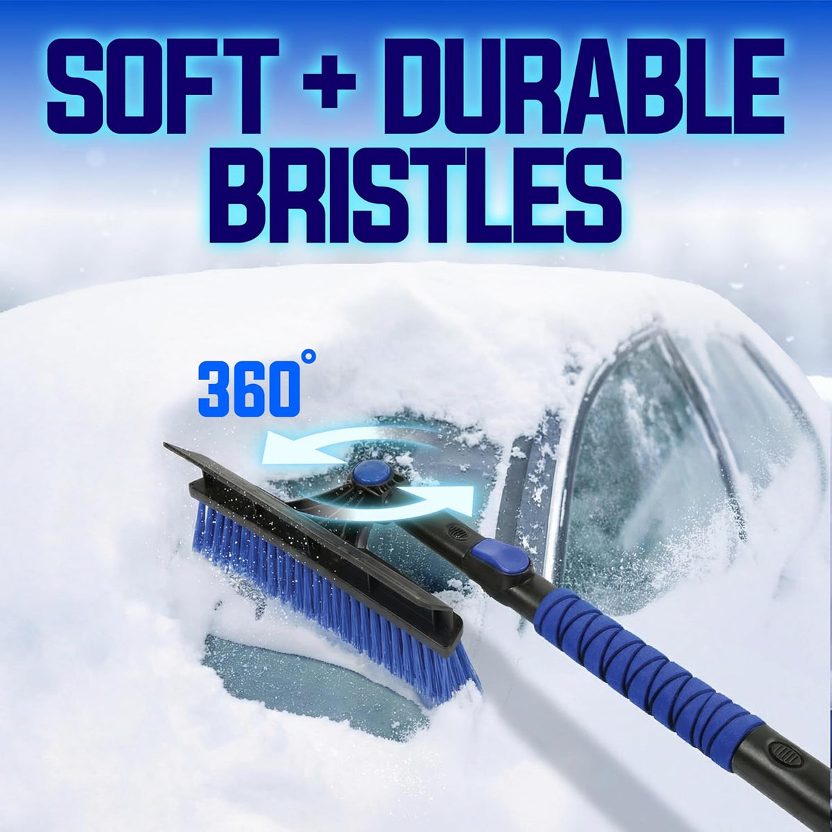 Snow Joe 45-Inch Multi-Purpose Ice Scraper for Car Windshield and Extendable Snow Brush with Foam Grip, 360° Pivoting Brush Head and Squeegee, for Car, Truck, SUV, Snow Removal Winter Car Accessory