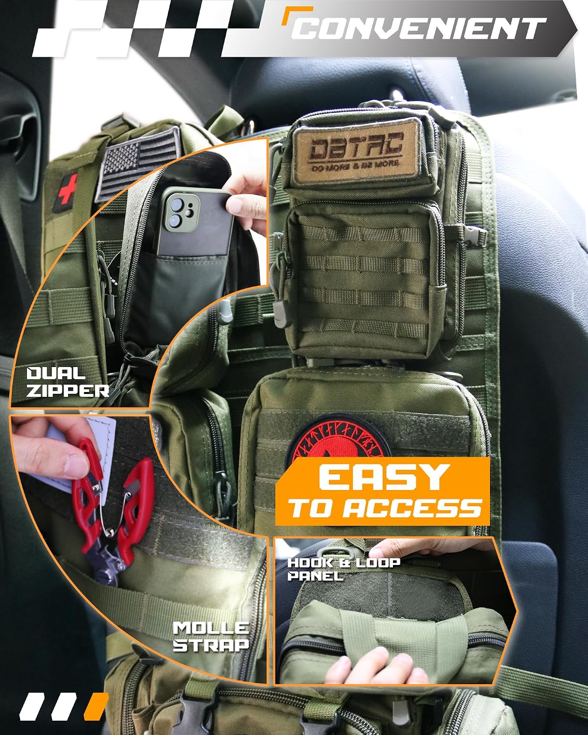 DBTAC Tactical Molle Car Seat Organizer | Vehicle Back Panel with 5X Detachable Pouches, US Flag & Writable Reflective Patch for Cars, Trucks, SUVs, Sedans
