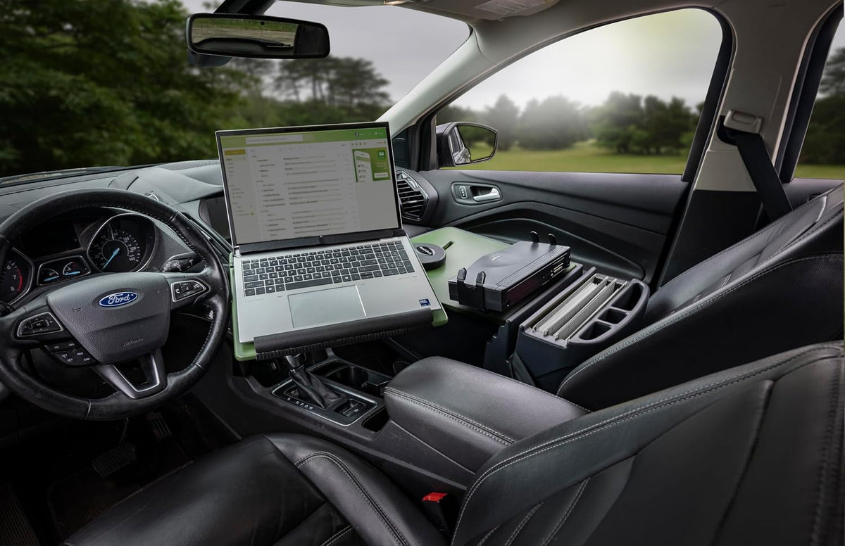 AutoExec Reach Car Desk for Your Vehicle Workstation and Mobile Office, Front Seat Army Green with Printer Stand