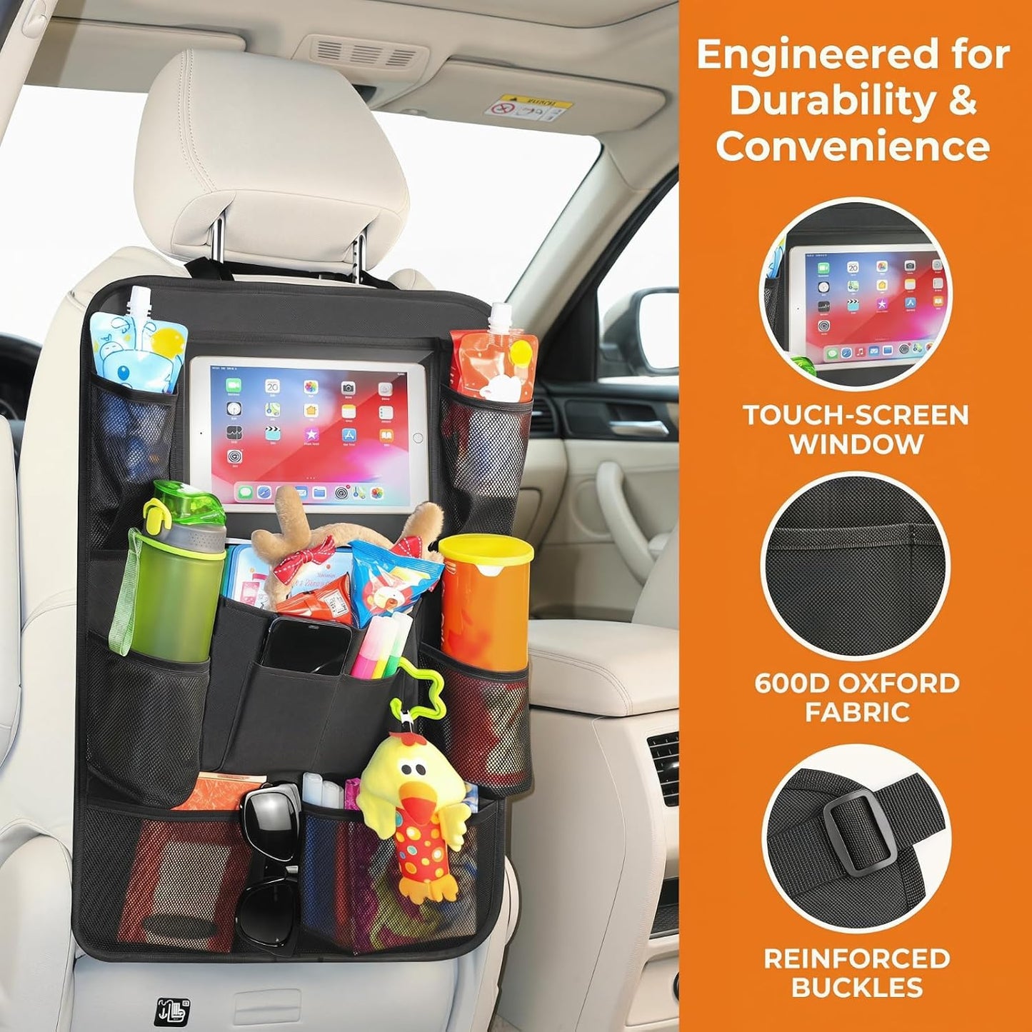 Car Backseat Organizer with 10" Tablet Holder, Seat Back Protectors Kick Mats for Kids Toddlers, Large Storage Pockets Travel Accessories for SUV Minivan Airplan 2 Pack