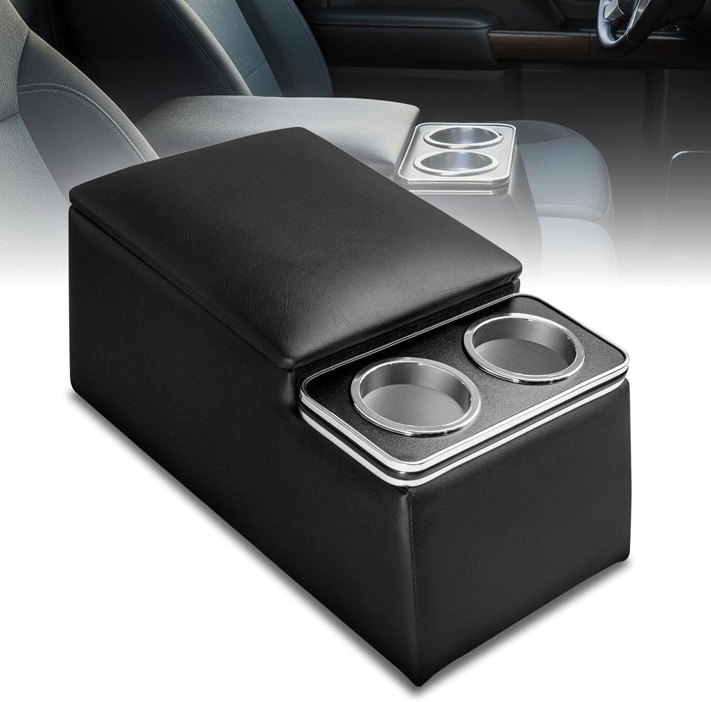 NVS Universal Truck Center Console Organizer for Bench Seat Trucks & SUVs, Heavy Duty ABS Storage Console with Dual Cup Holders and Padded Armrest, Black