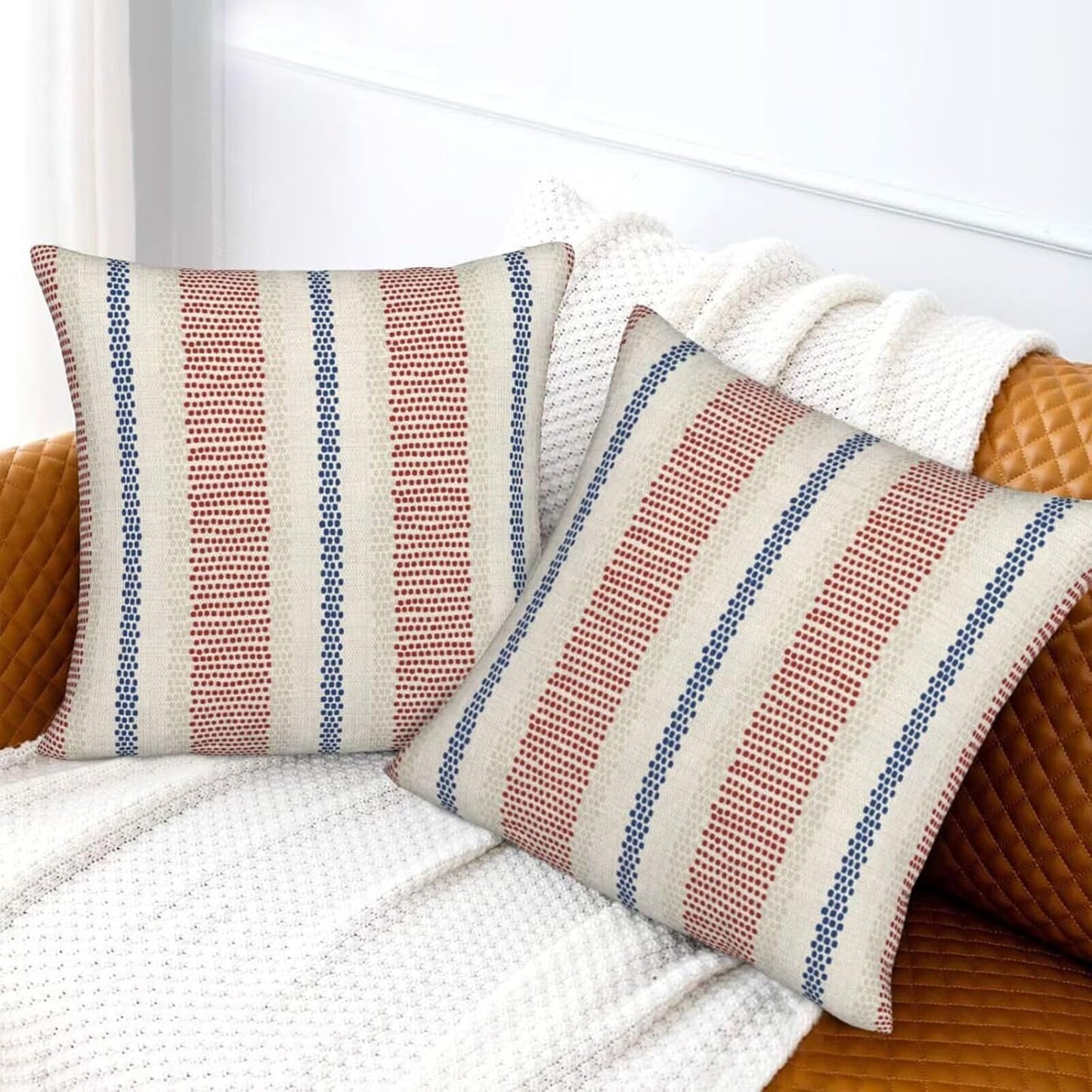 4th of July Pillow Covers 18 x 18 Inch Set of 2 Navy Blue Red Polka Dot Striped Decorative Outdoor Throw Pillow Covers Linen Modern Boho Geometry Pillowcase for Home Sofa Couch Decor