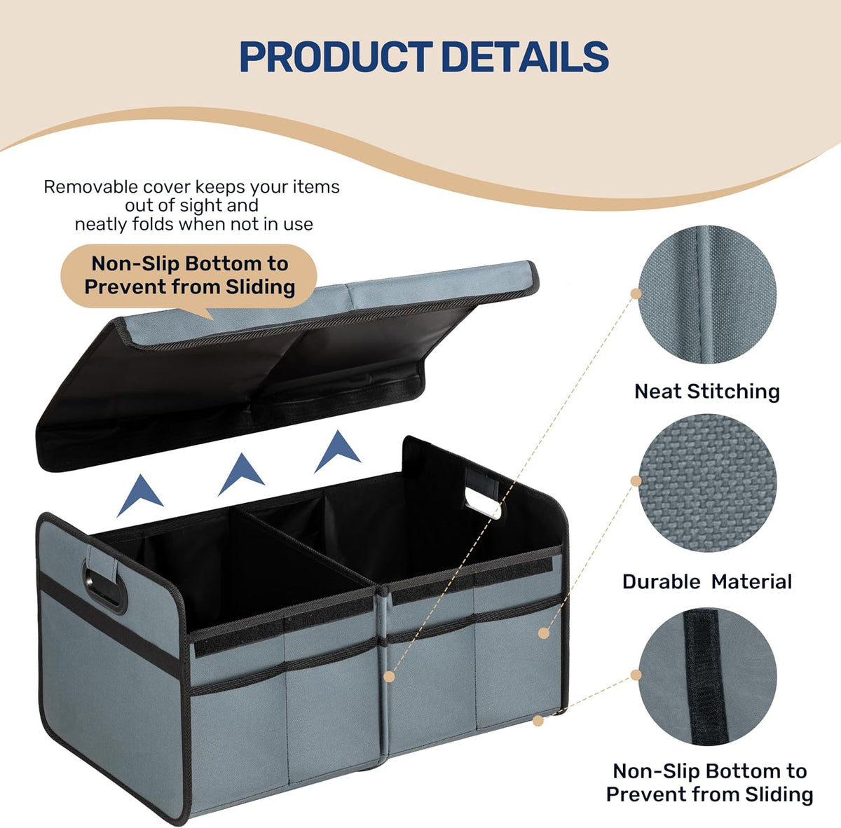 YSSOA 2 Compartments Car Trunk Organizer with Lid, 600D Oxford Polyester Car Storage, Anti-slip Collapsible Trunk Storage, Suitable for SUV, Minivan, Truck, Grey-Green