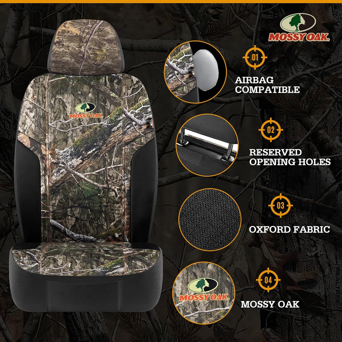 Mossy Oak Camo Seat Covers, Airbag Compatible, Universial Fit, Fit Most Bucket Seats - Made with Premium Rip-Stop Oxford Fabric - Official Licensed Product