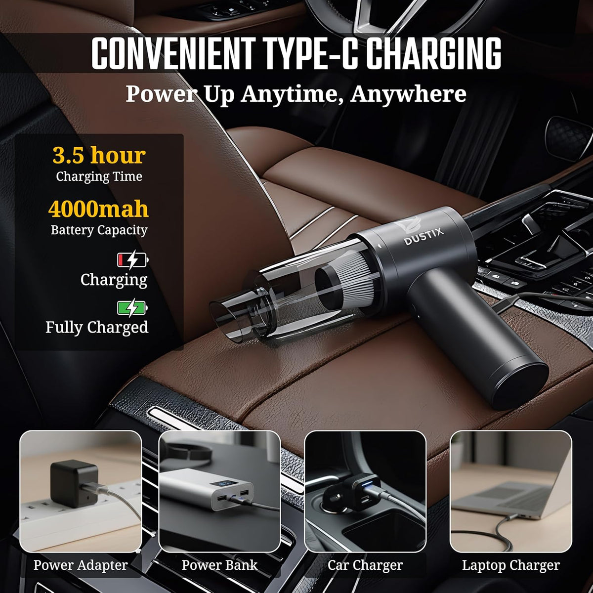Car Vacuum Portable Cordless 12000Pa Powerful Suction Handheld Mini Rechargable Small Vacuum Cleaner Brushless Motor 4000mAh Rechargeable Type C Blower Inflator Deflator Car Cleaning