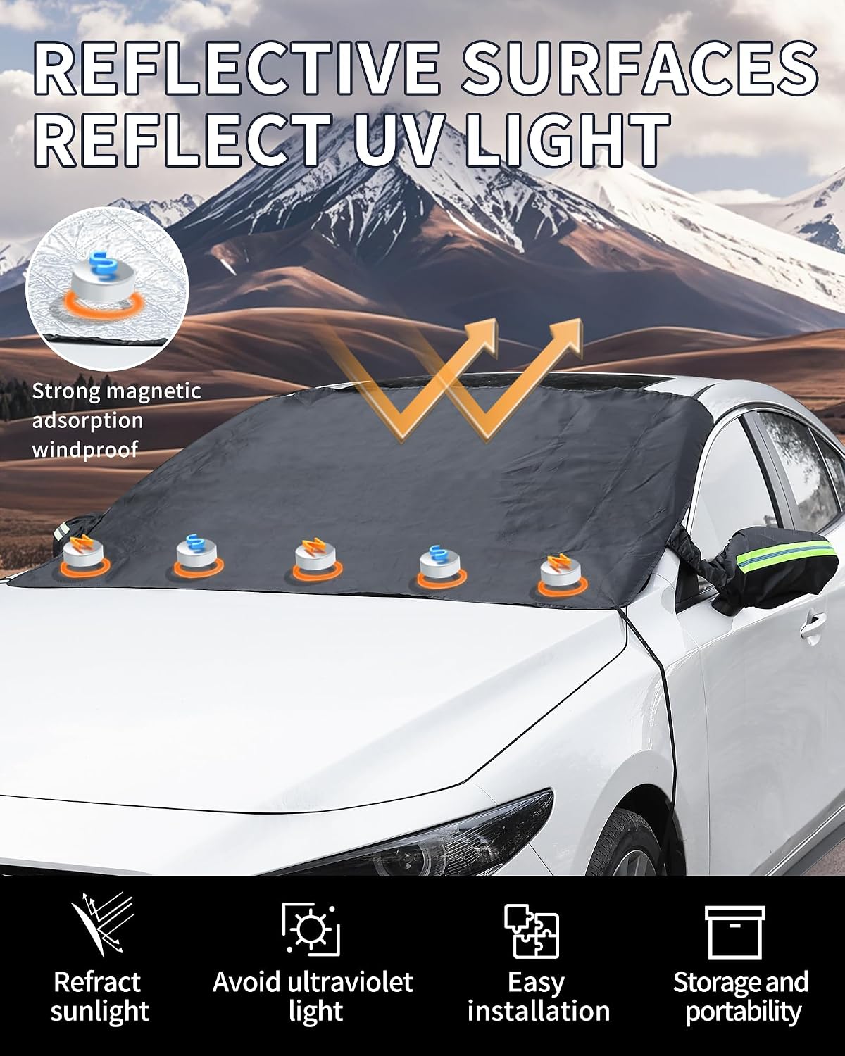 Windshield Snow Cover for Car, Waterproof Ice Shield with Elastic Straps, All Weather Frost Guard Fits Sedan SUV, Blocks Snow Rain Debris Leaves and Offers Sunshade Protection for Summer UV Heat