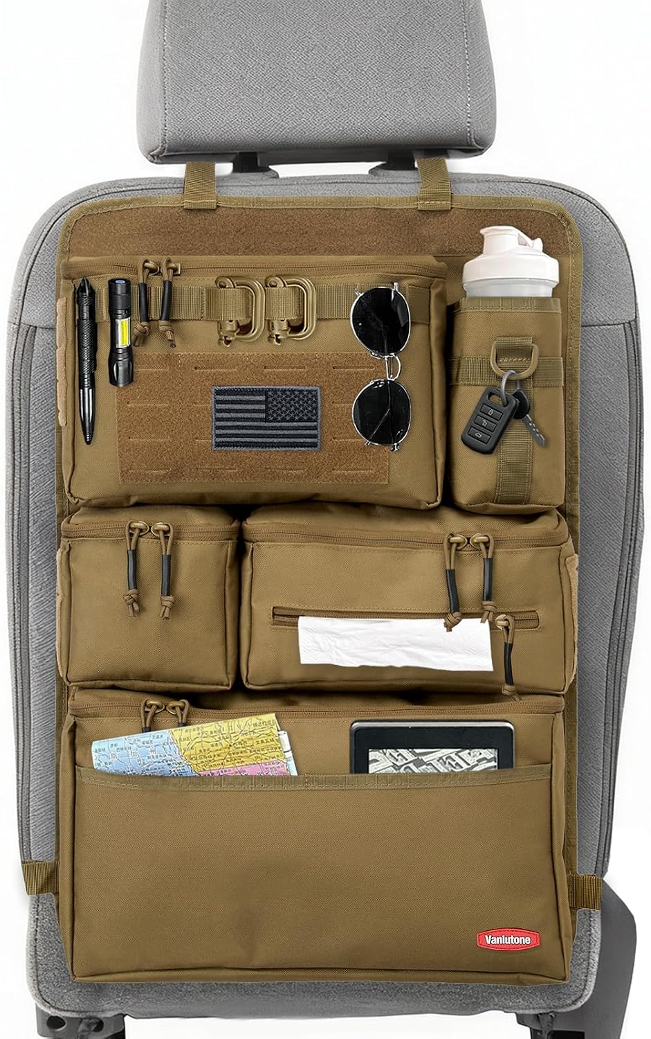 Tactical Seat Back Organizer Heavy Duty MOLLE Panel Organizer with Multiple Pockets & Hook Loop Panel for EDC Gear, Road Trip Essentials, Universal Fit for Car SUV Truck Jeep (Mud)