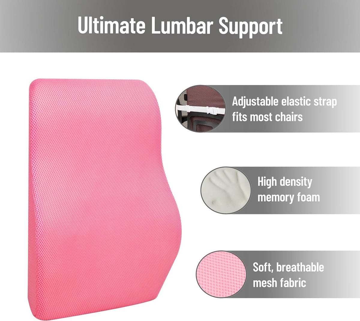 Mind Reader Air-Cloud Lumbar Cushion, Memory Foam Back Support Pillow for Lower Back Pain Relief, Adjustable Strap, Office Chair and Car Seat, Pink