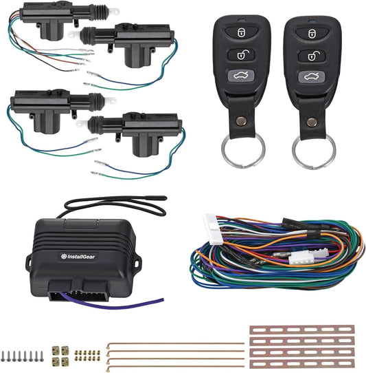 InstallGear Keyless Entry System with Two 3-Button Remotes and 4 Door Actuators - Central Locking System for Car, Auto, Truck - Power Lock Kit