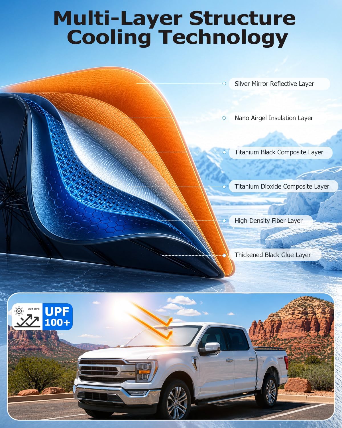 [2026 Upgraded] Weektic Truck Windshield Sun Shade for F-150/Silverado/Tundra/RAM 1500/Sierra - 5 Layers Ice Crystal Coating Blocks 99% UV, Cools Interior | 360° Swivel Handle for Easy Use
