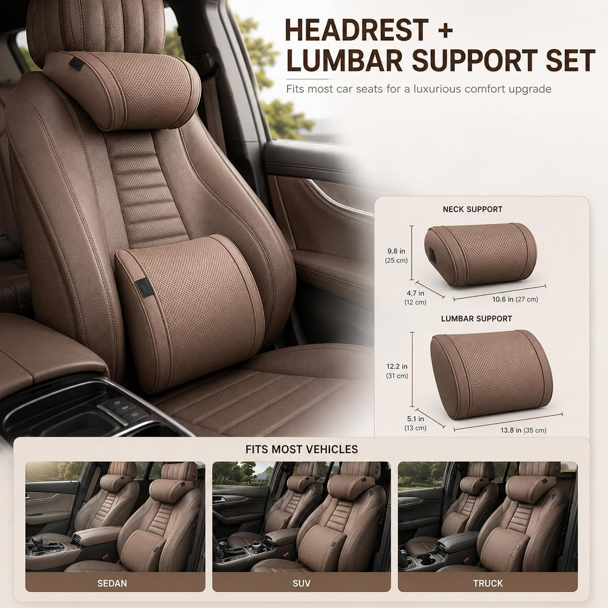 Ergonomic Headrest and Lumbar Support Set for CarSeats, Leather Car HeadrestPillows, Luxurious MemoryFoam Car NeckPillow (Orange, Headrest Cushion)