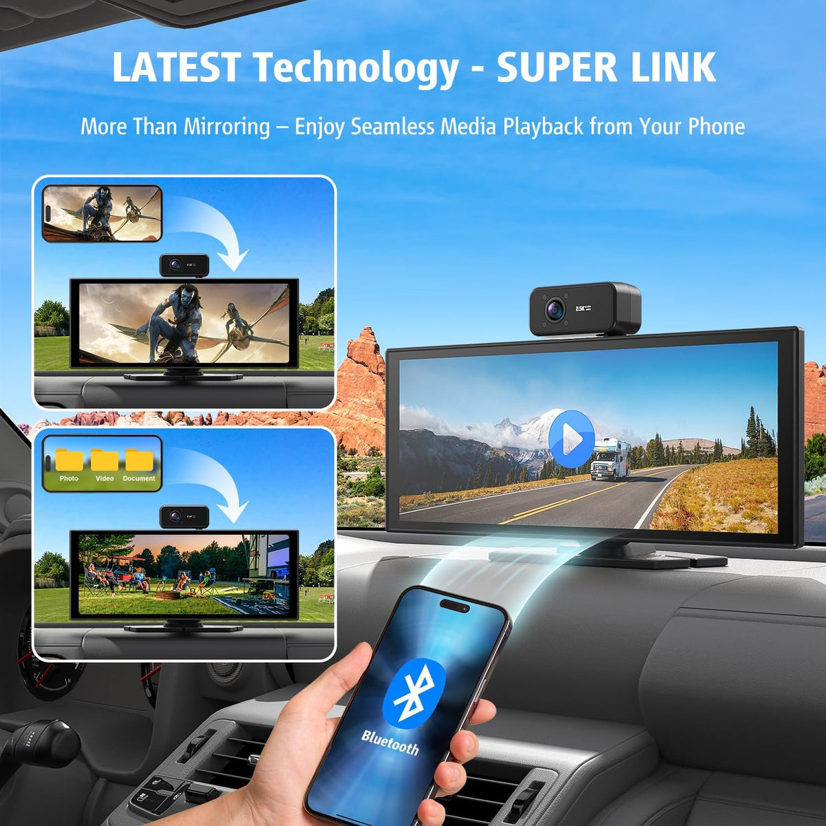 Portable Wireless CarPlay Screen, 10.26" Fully Laminated IPS Touch Screen Car Stereo with Wireless CarPlay & Android Auto, 4K Front 2.5K Rear Dash Cam,1080P Backup Camera,Super Link,Plug & Play