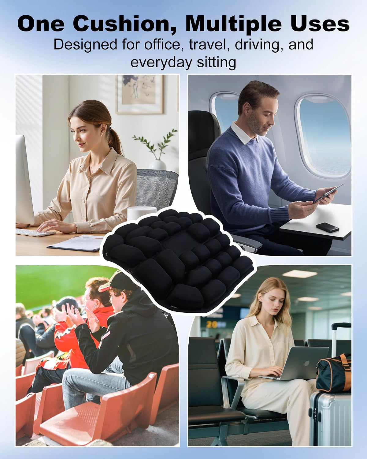 Upgrade Inflatable Airplane Seat Cushion for Long Flights - 3D Air Pressure Relief Travel Cushion - Portable Seat Cushion for Airplane, Office Chair, Car&Wheelchair - Ergonomic Comfort Support