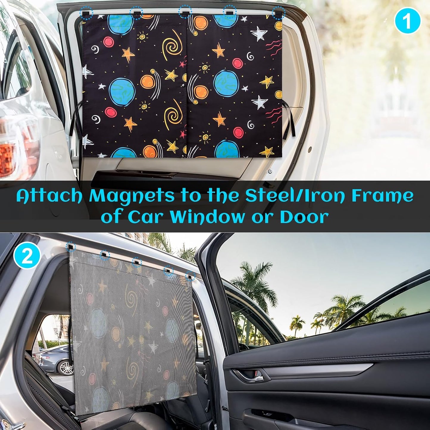Car Window Shades, 2 Packs Magnetic Car Sun Shades for Baby, 2 Layers for Blackout/See Through Options Colorful Starry Pattern Side Window Curtain for Kids Heat/UV Blocker